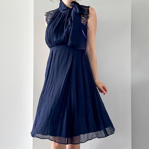 Seraphine Midnight Blue Maternity & Nursing Dress with Neckline Tie - Picture 1 of 10